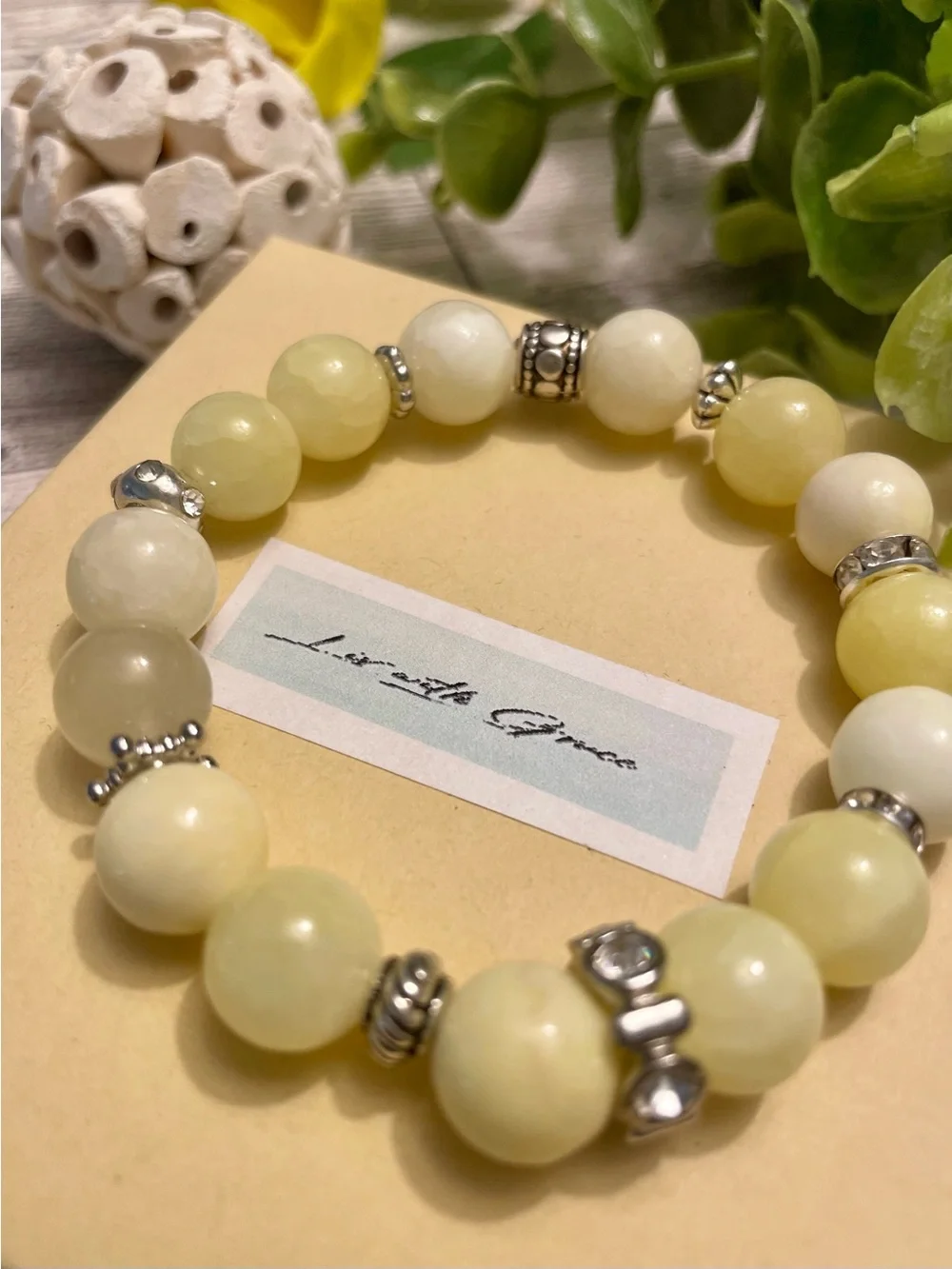 Yellow Quartz with Silver and CZ accents 10 mm stretch handmade butter yellow - Picture 5 of 5